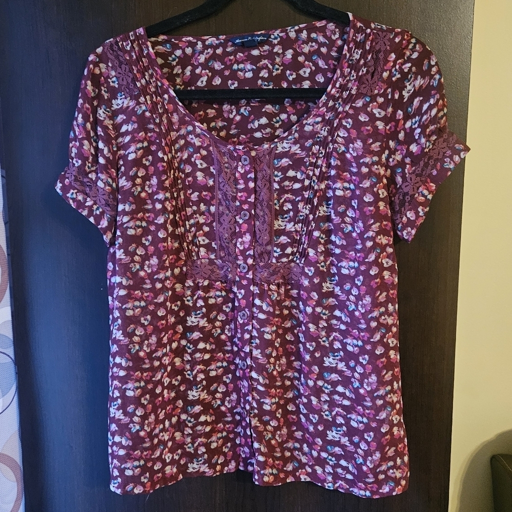 American Eagle Outfitters Sheer Floral Blouse - Burgundy and Pink